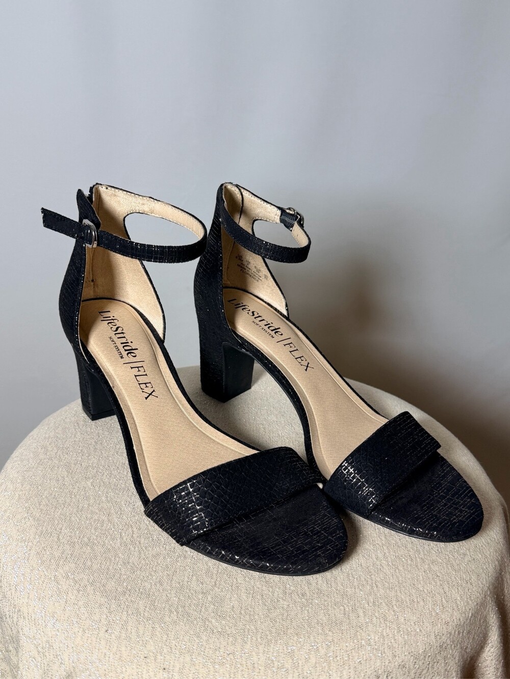 LifeStride Flex Black Snake Print Ankle Strap Block Heel Sandals